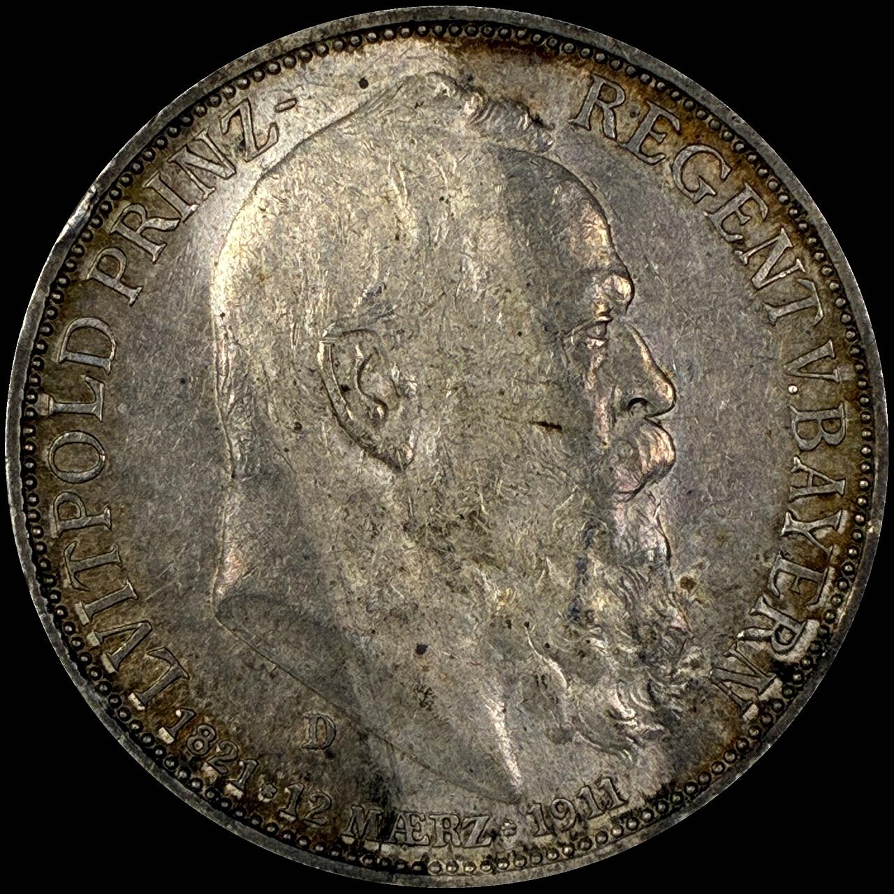 【雨安】【直播拍卖】【世界币章118期-裸币】2025-12-05 周五 19:30 保真 [裸币德国] Germany 德国 帝国 巴伐利亚 3马克 (1911) 柳特波德 1911年