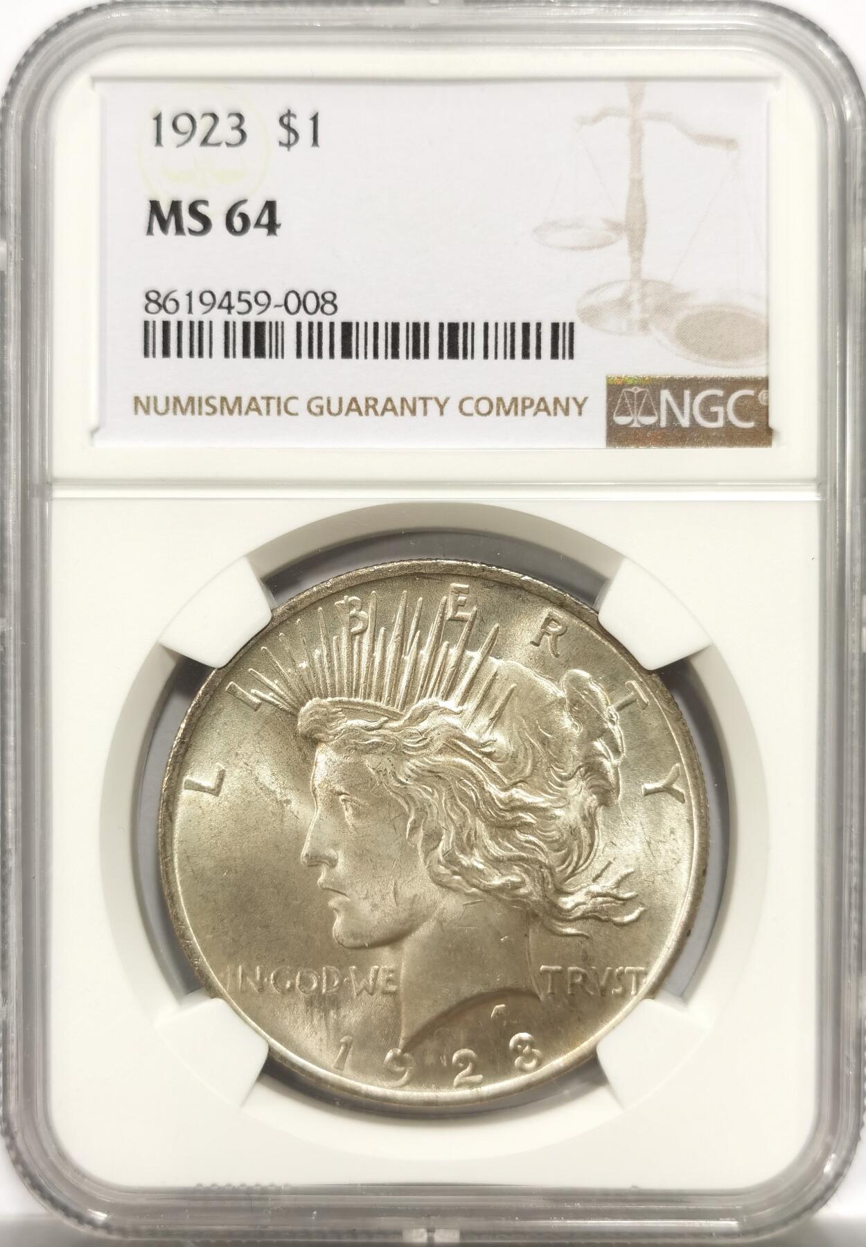 博洋堂世界钱币拍卖第150期（全场包邮） NGC MS64 美国1923年和平银币，卷拆好品，出厂般光泽，底板不输65的状态。