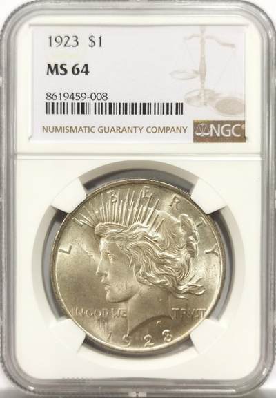 博洋堂世界钱币拍卖第150期（全场包邮） - NGC MS64 美国1923年和平银币，卷拆好品，出厂般光泽，底板不输65的状态。