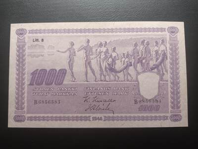 2025十二月第一期，总206期 - 芬兰1945年1000马克AUNC，此系列极稀有的大票幅大面值，象征着民族的起源和前进的意境画和国徽