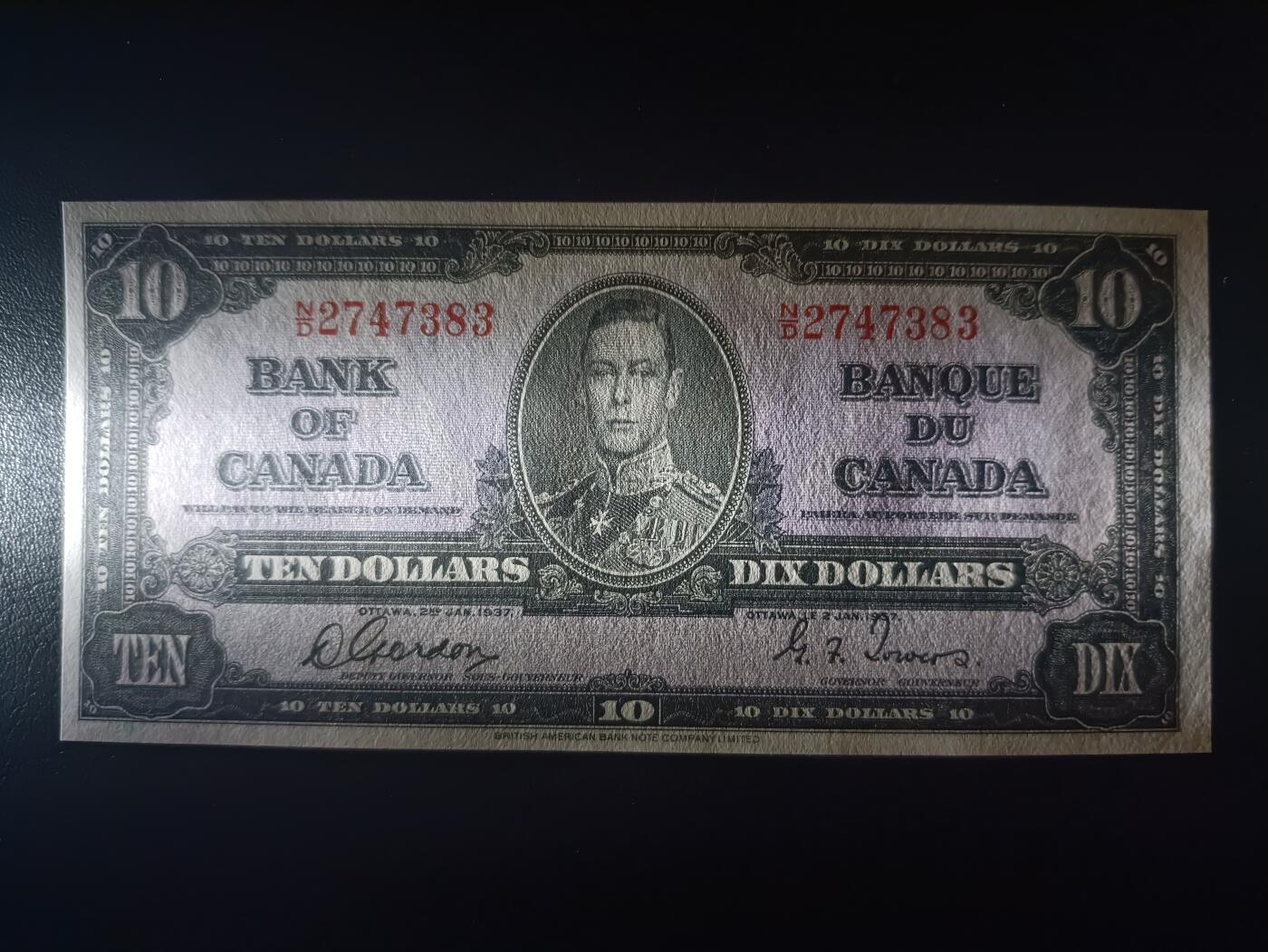 2025十二月第一期，总206期 加拿大1937版10元AUNC，乔治六世国王和商业神墨丘利，稀有中高面值品种