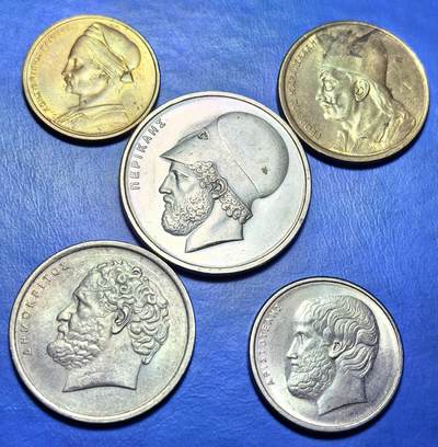 外国优质老铜币银币，周六九点倒数截拍，满百包邮，可寄存半年，喜欢朋友微信扫描二维码可直接参拍 - 希腊1976年-1986年历史名人不同面值一套