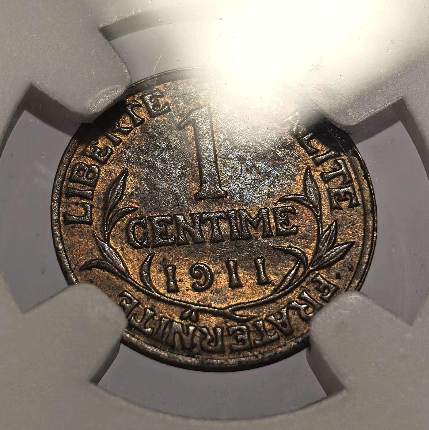 博洋堂世界钱币拍卖第150期（全场包邮） NGC MS63 法国1911年玛丽安娜1分铜币 巧克力包浆 小巧可爱。