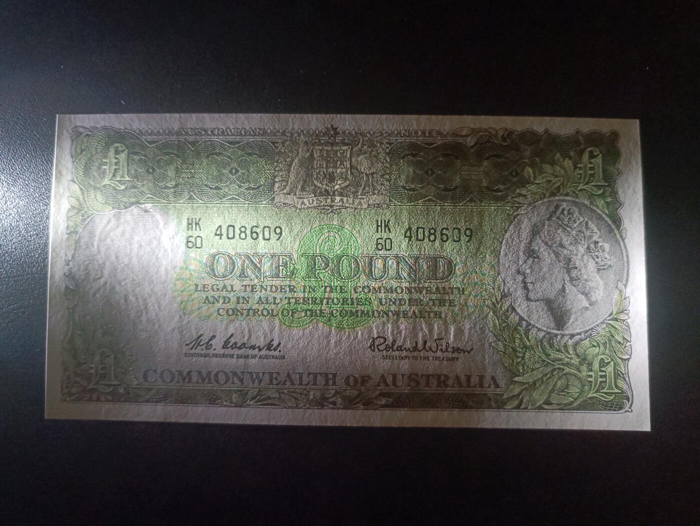 2025十二月第一期，总206期 澳大利亚1953版1镑UNC-，女王侧像和三大发现大洋洲探险家浮雕