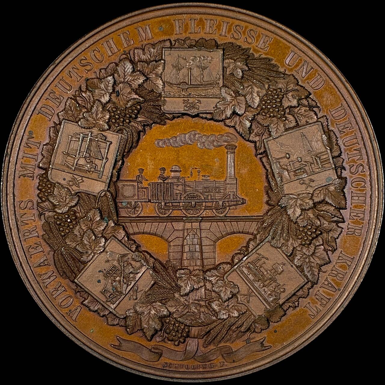 【雨安】【直播拍卖】【世界币章118期-裸币】2025-12-05 周五 19:30 保真 [章] Germany 章 德国 1844年 德国工业产品博览会 带着皇冠和剑的日耳曼尼亚坐在铁路桥上火车上 铜章 45mm