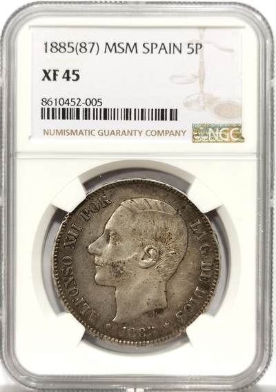 博洋堂世界钱币拍卖第150期（全场包邮） - NGC XF45 西班牙1885（87）阿方索十二世青年版肖像5比塞塔，整体状态很好，应该是AU的状态，低评了