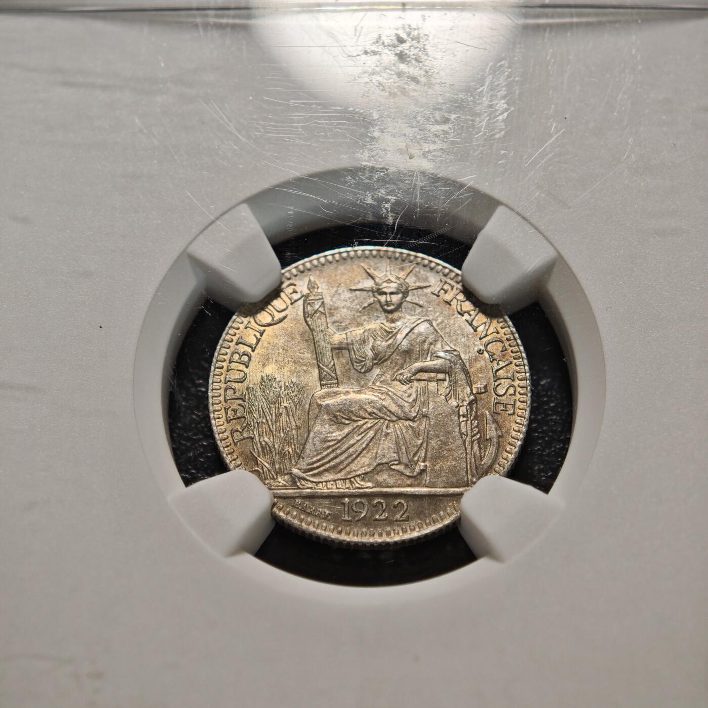 【德藏】世界币章拍卖第156期（拍品征集中~欢迎藏友联系） 1922年 法属印度支那坐洋10分银币 NGC MS63 淡黄油包浆 原光十足