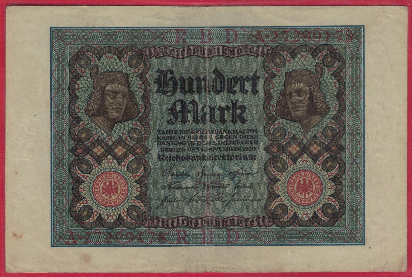 德国1920年100马克 P-69b 加盖字母T A冠 8位号码(无4尾8) 实物图 八五品