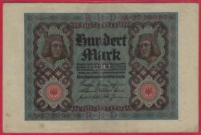 德国1920年100马克 P-69b 加盖字母T A冠 8位号码(无4尾8) 实物图 八五品 - 德国1920年100马克 P-69b 加盖字母T A冠 8位号码(无4尾8) 实物图 八五品