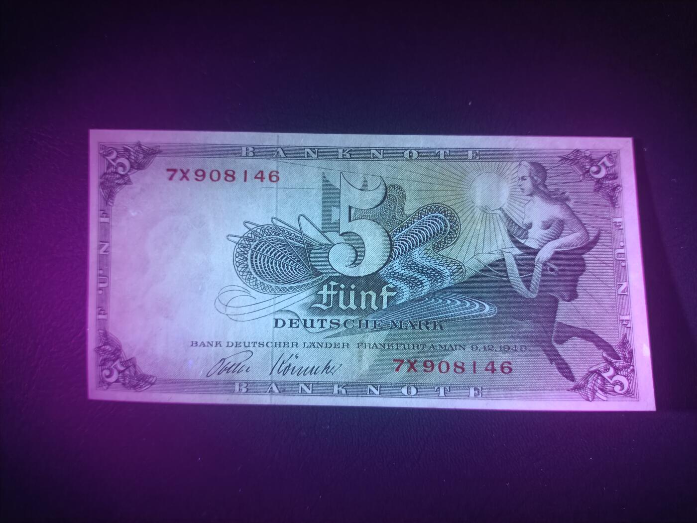 2025十二月第一期，总206期 德国1948版5马克AUNC，骑牛女神，后期印刷批次