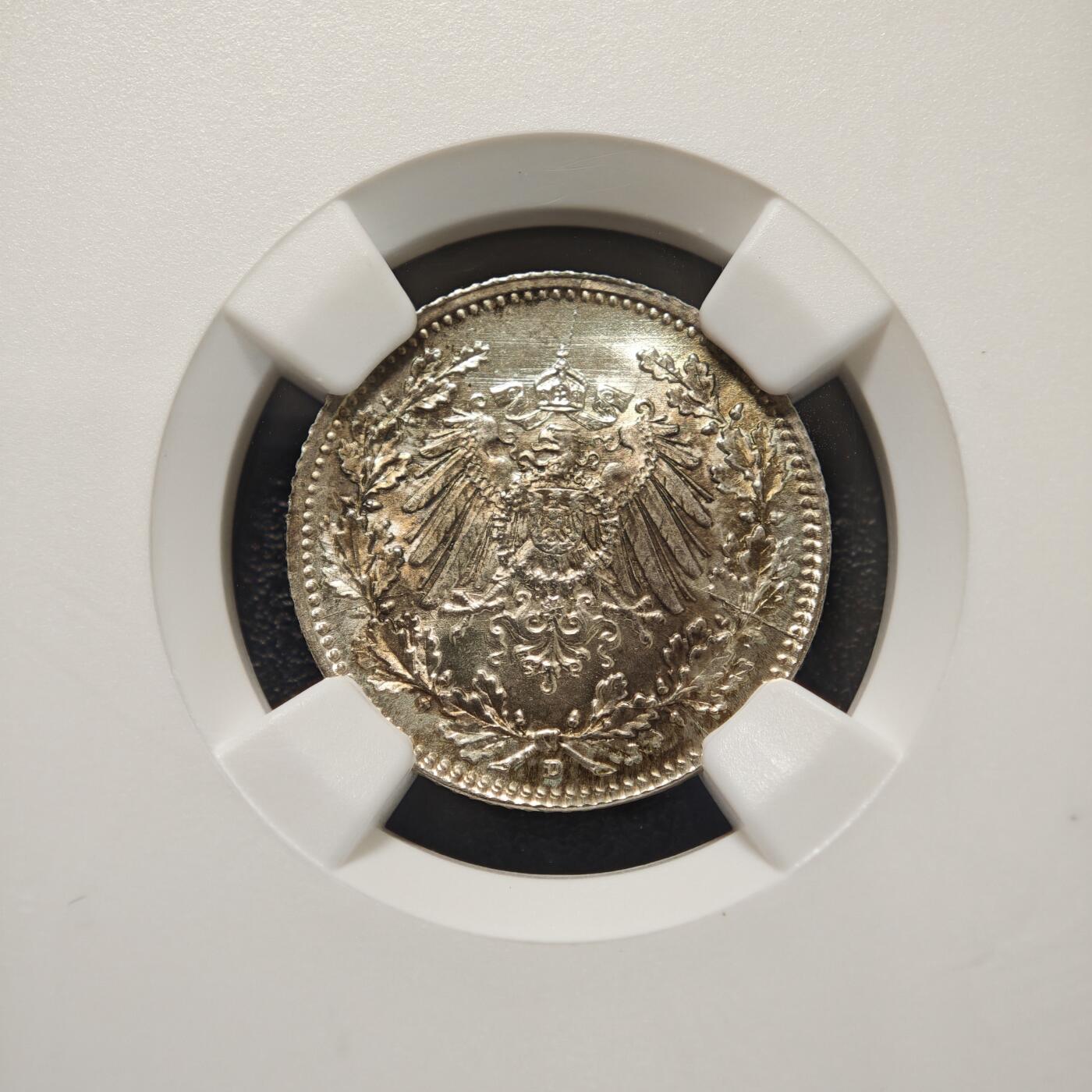 【德藏】世界币章拍卖第156期（拍品征集中~欢迎藏友联系） 1918年 德国1/2马克银币 NGC MS66 淡包浆 转光十足 原光极强