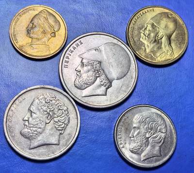 外国优质老铜币银币，周六九点倒数截拍，满百包邮，可寄存半年，喜欢朋友微信扫描二维码可直接参拍 - 希腊1976年-1986年历史名人不同面值一套