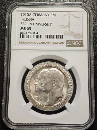 【德藏】世界币章拍卖第156期（拍品征集中~欢迎藏友联系） - 1910年 德国柏林大学3马克银币 NGC MS63 原光极强