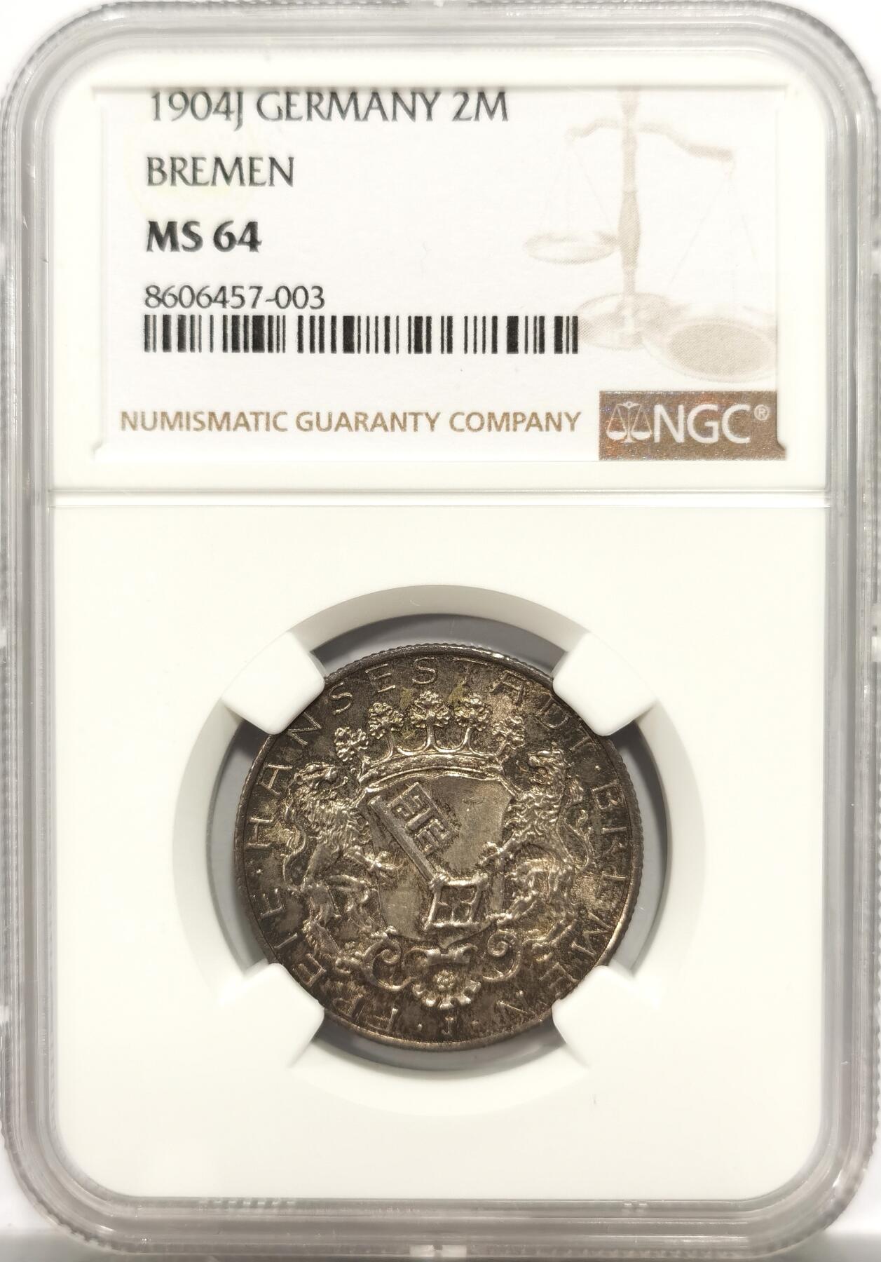 博洋堂世界钱币拍卖第150期（全场包邮） NGC MS64 德国1904年不莱梅自由市2马克银币，经典咖啡包浆
