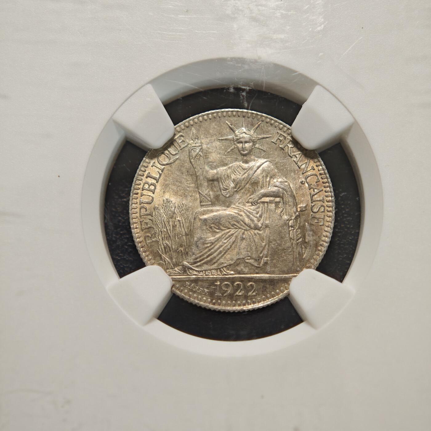 【德藏】世界币章拍卖第156期（拍品征集中~欢迎藏友联系） 1922年 法属印度支那坐洋10分银币 NGC MS63 淡黄油包浆 原光十足