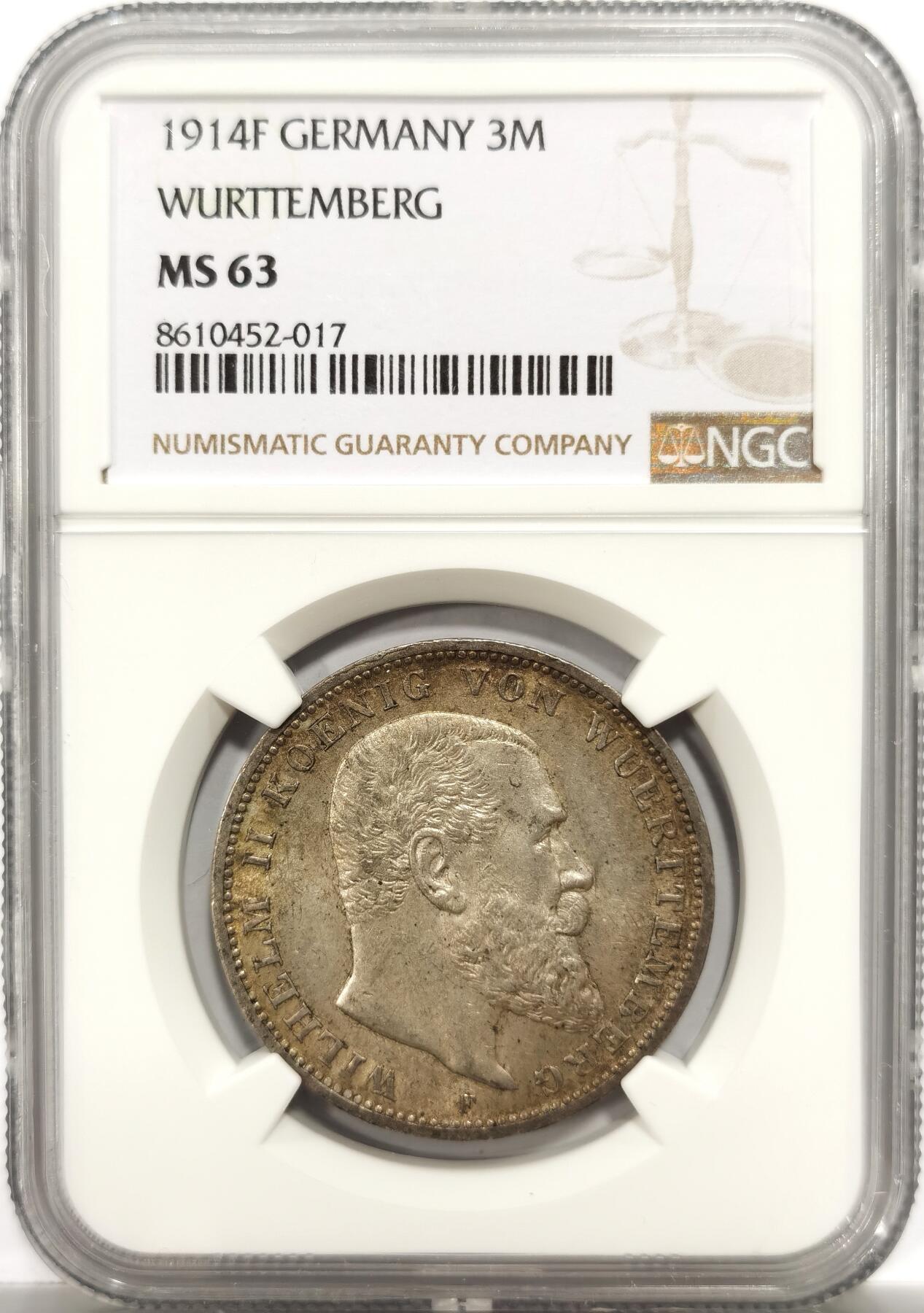 博洋堂世界钱币拍卖第150期（全场包邮） NGC MS63 德国符腾堡1914年F版3马克银币，舒服的淡包浆，须发清晰，较少见的马克品种