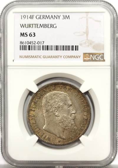 博洋堂世界钱币拍卖第150期（全场包邮） - NGC MS63 德国符腾堡1914年F版3马克银币，舒服的淡包浆，须发清晰，较少见的马克品种