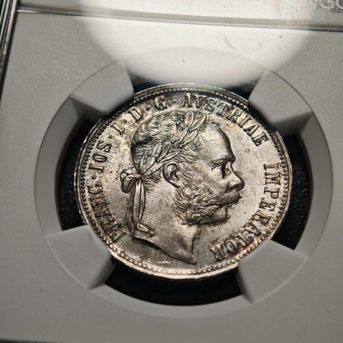 【德藏】世界币章拍卖第156期（拍品征集中~欢迎藏友联系） 1889年 奥地利约瑟夫一世1弗洛林银币 NGC MS64 亚军分 淡彩包浆 原光可见