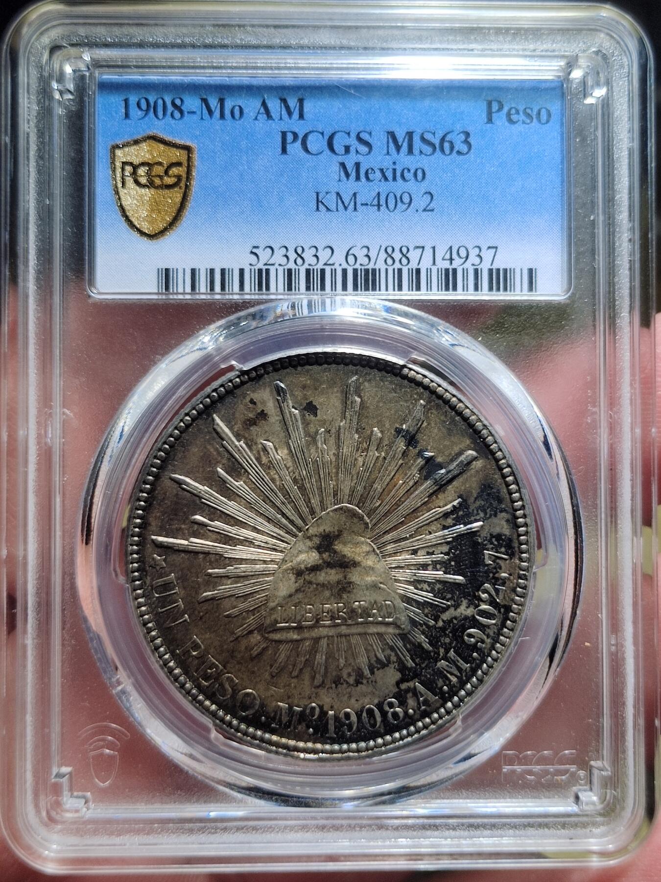 中外钱币第六场 PCGS-MS63墨西哥鹰洋1908年一比索黑彩