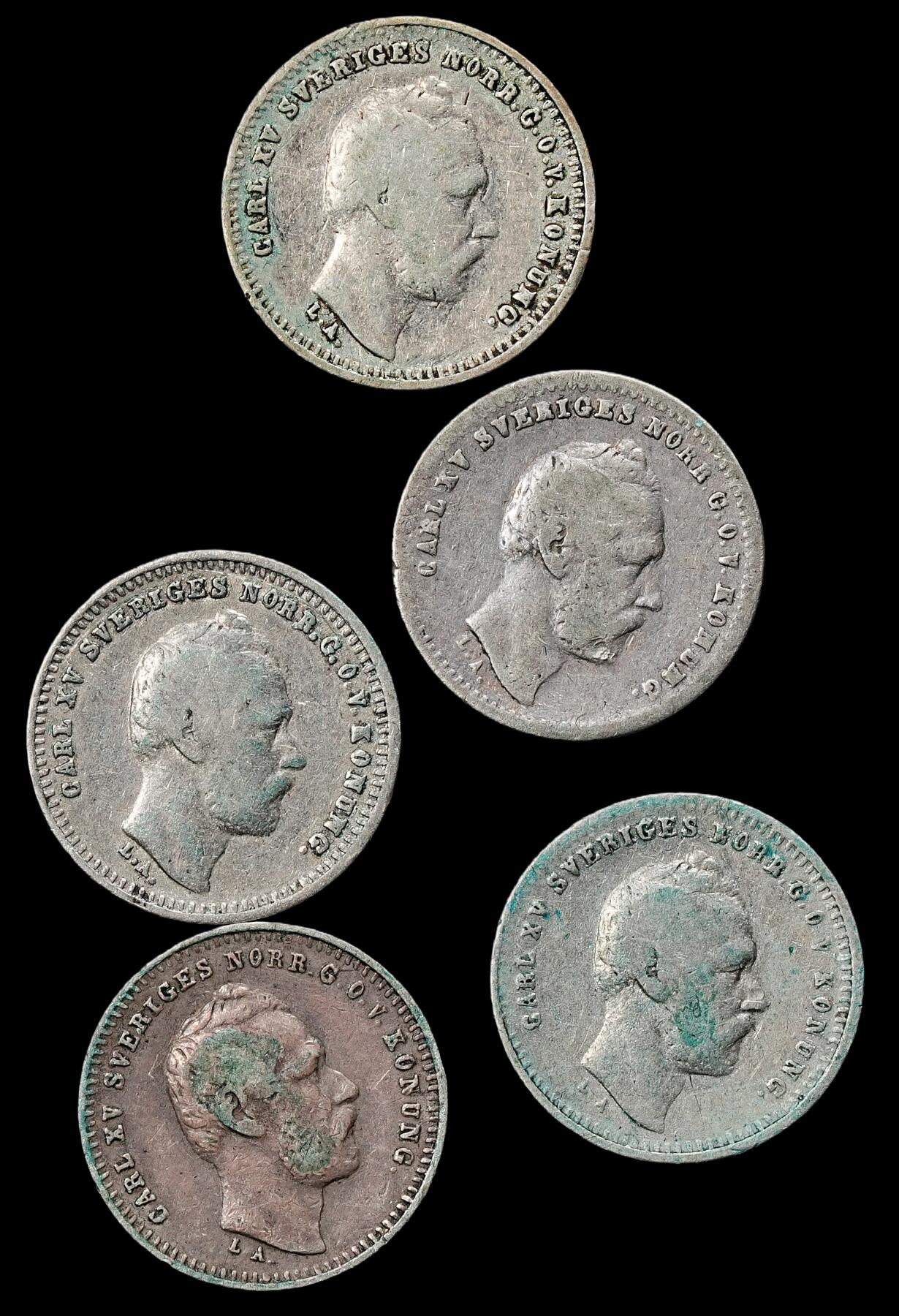 修遠堂世界钱币第九十六期 瑞典卡尔十五世时期10欧尔银币一组 4.16g