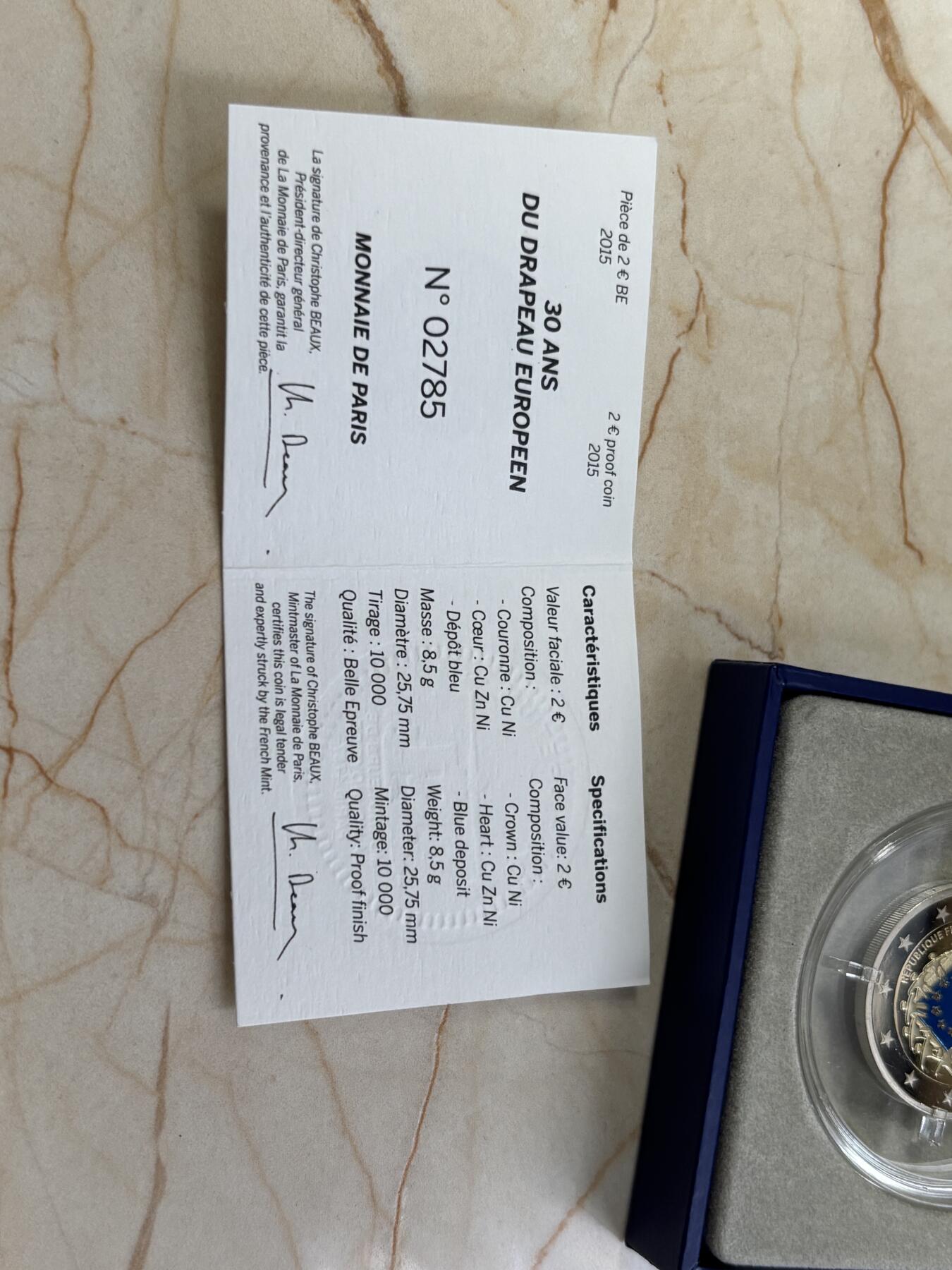 第184期拍卖 法国2015年欧盟旗帜30周年2欧精制双金属纪念币，发行10000枚