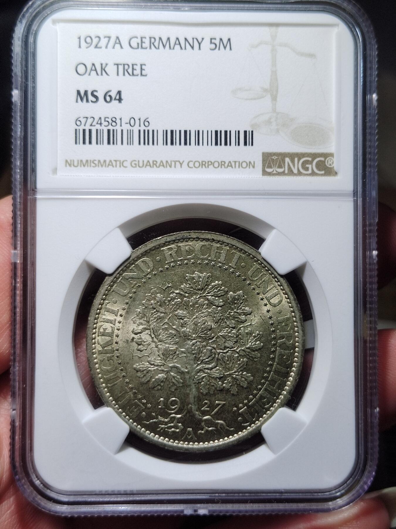 中外钱币第六场 NGC-MS64魏玛德国1927年橡树5马克