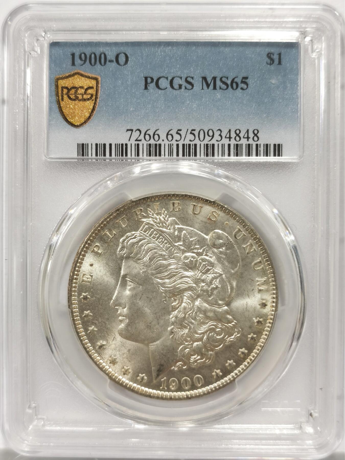 博洋堂世界钱币拍卖第150期（全场包邮） PCGS MS65 美国1900年O版摩根大银币，背面卡槽有一处小裂