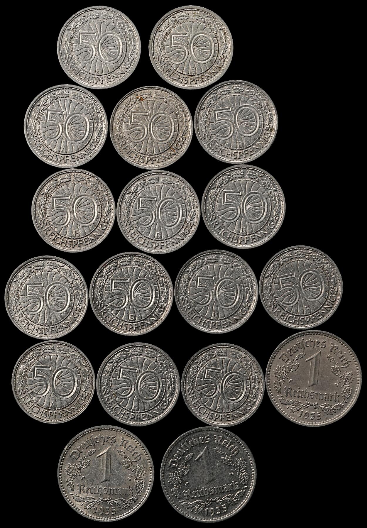 修遠堂世界钱币第九十六期 德国50芬尼，1马克一组