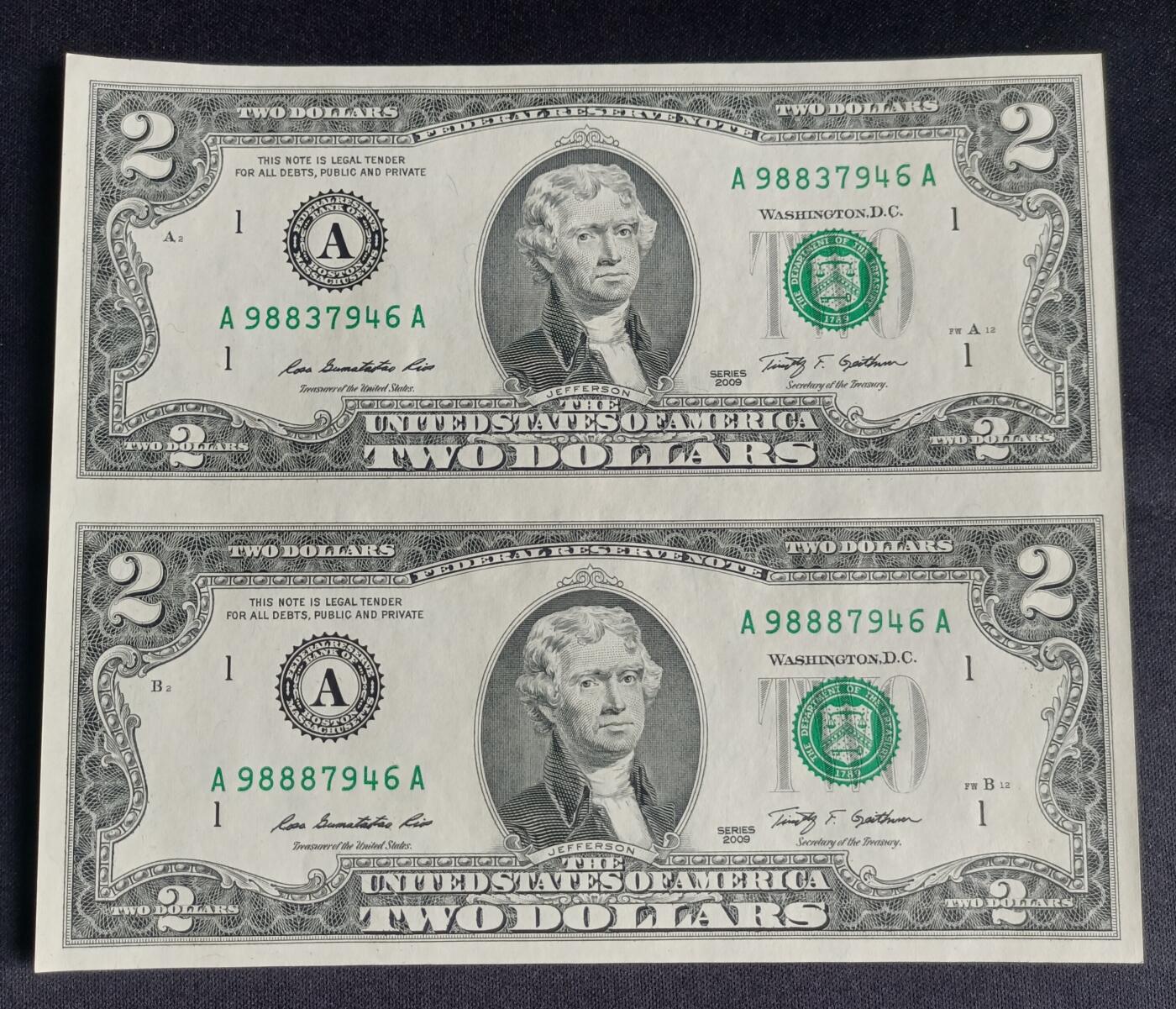 【游宝拍卖】乙巳蛇年92期 第四季首拍场  美国-2美元连体钞【二连体 SERIES-2009 全新UNC】