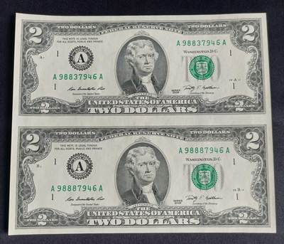 【游宝拍卖】乙巳蛇年92期 第四季首拍场  - 美国-2美元连体钞【二连体 SERIES-2009 全新UNC】