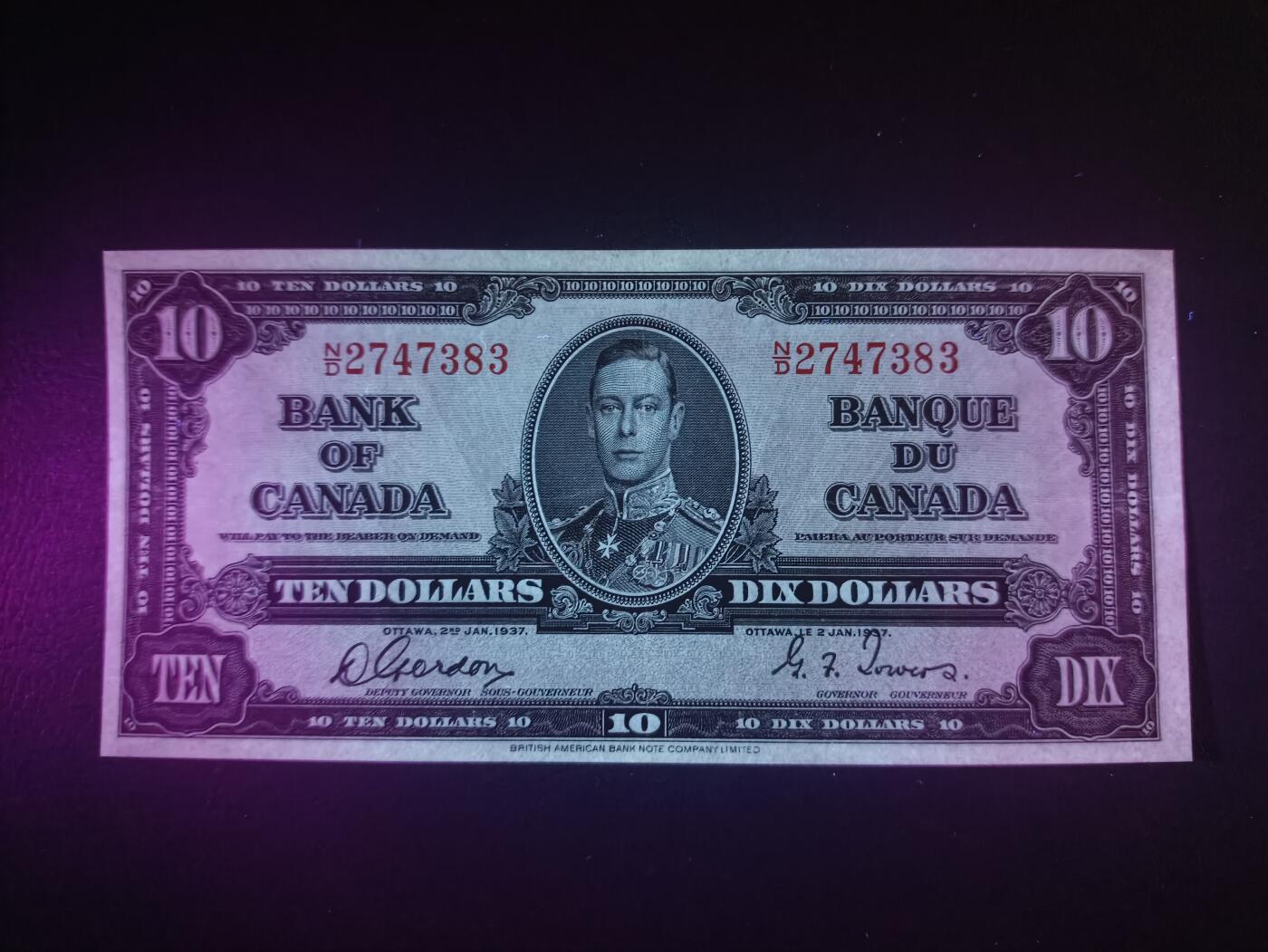 2025十二月第一期，总206期 加拿大1937版10元AUNC，乔治六世国王和商业神墨丘利，稀有中高面值品种