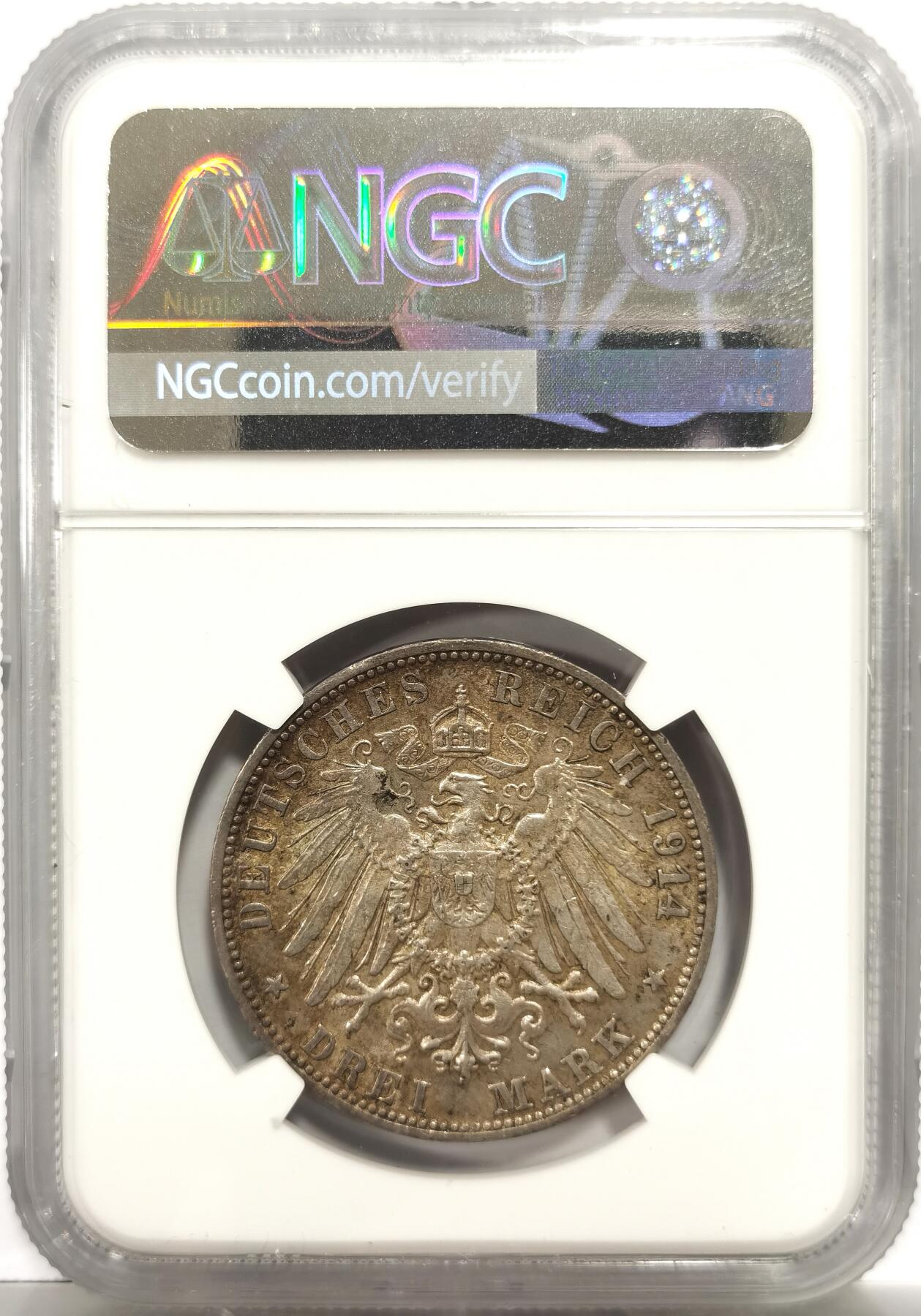 博洋堂世界钱币拍卖第150期（全场包邮） NGC MS63 德国符腾堡1914年F版3马克银币，舒服的淡包浆，须发清晰，较少见的马克品种