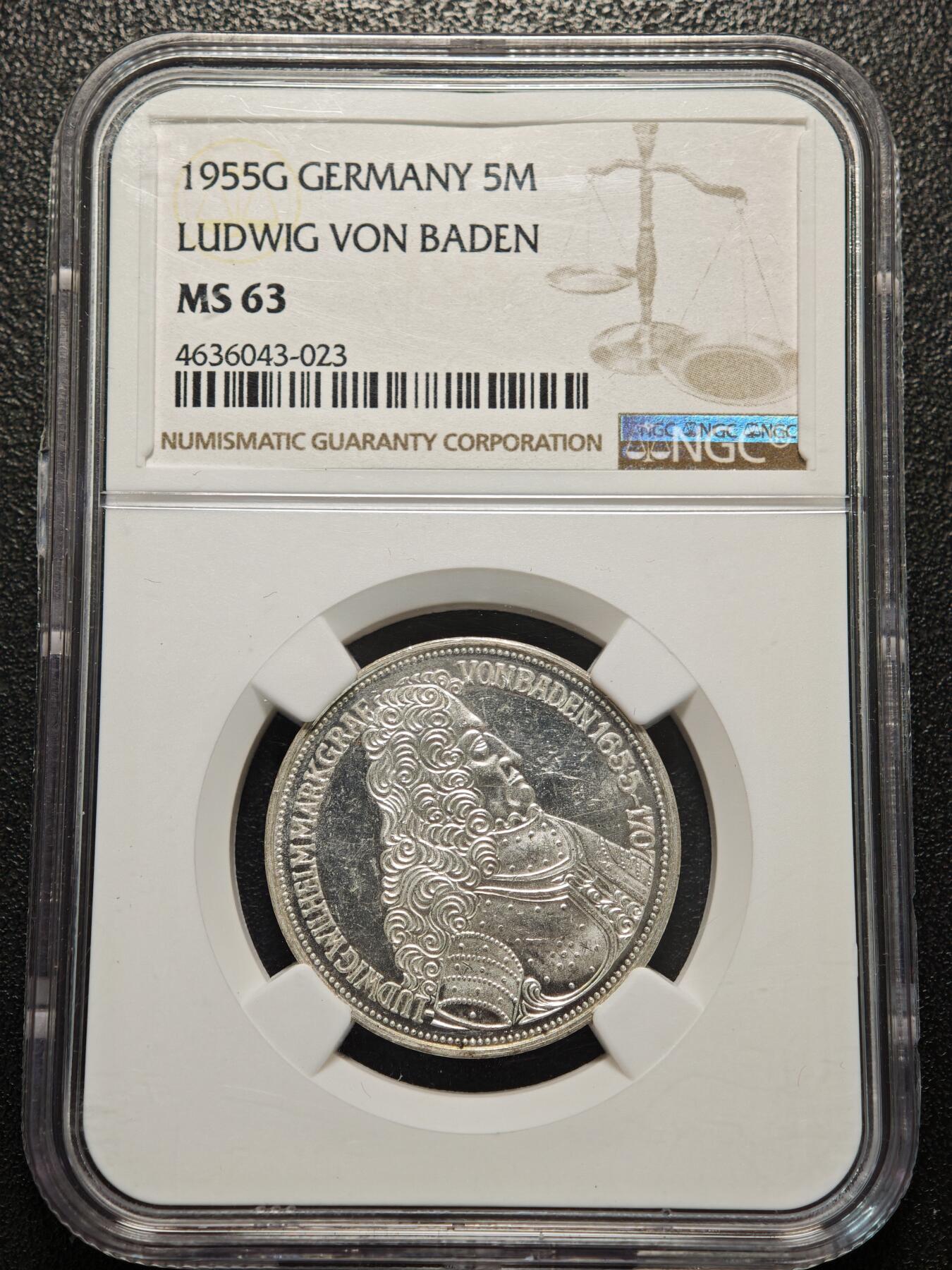 【德藏】世界币章拍卖第156期（拍品征集中~欢迎藏友联系） 1955年 德国巴登边区伯爵路德维希·威廉诞辰300周年5马克纪念银币 NGC MS63 状态极佳 原光十足