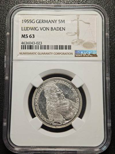 【德藏】世界币章拍卖第156期（拍品征集中~欢迎藏友联系） - 1955年 德国巴登边区伯爵路德维希·威廉诞辰300周年5马克纪念银币 NGC MS63 状态极佳 原光十足