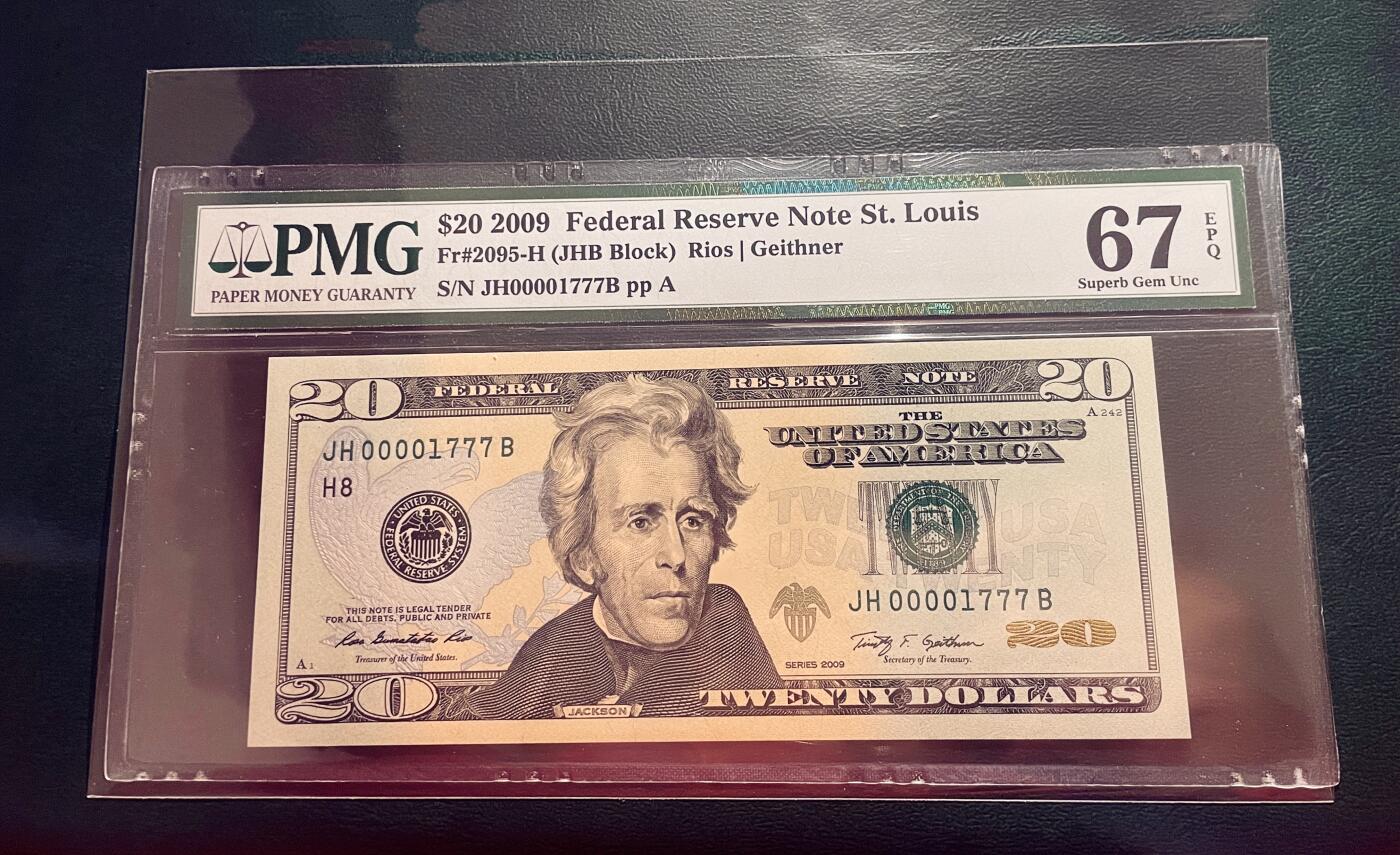 PMG67EPQ美国09年20元纸币 千位号1777 狮头豹尾 数三 圣路易斯版