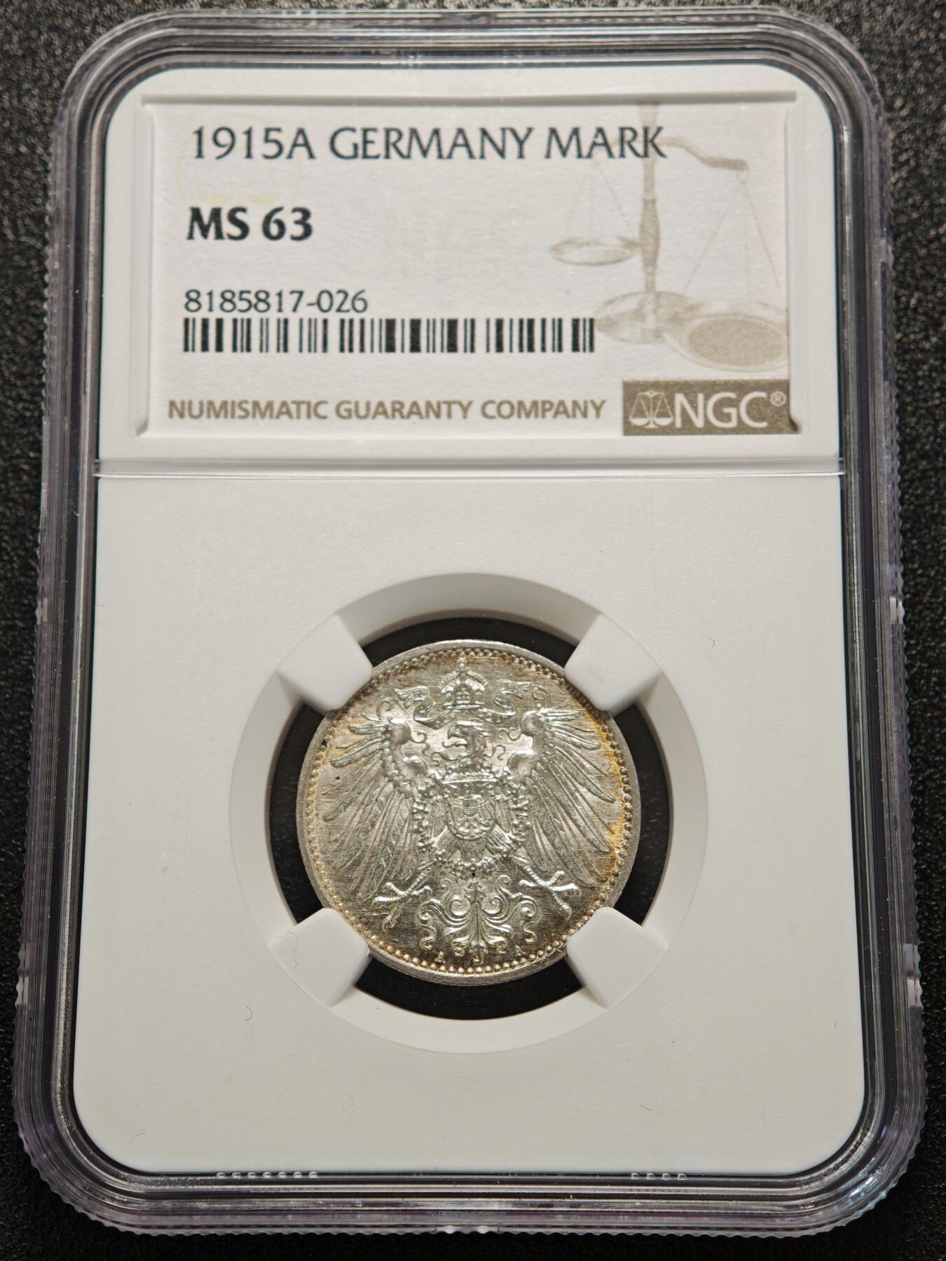 【德藏】世界币章拍卖第156期（拍品征集中~欢迎藏友联系） 1915年 德国1马克银币 NGC MS63 环形黄油包浆 原光十足