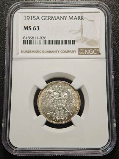 【德藏】世界币章拍卖第156期（拍品征集中~欢迎藏友联系） - 1915年 德国1马克银币 NGC MS63 环形黄油包浆 原光十足
