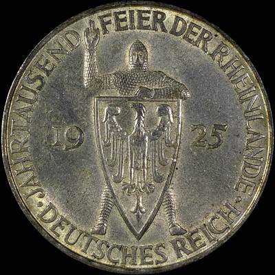 【雨安】【直播拍卖】【世界币章118期-裸币】2025-12-05 周五 19:30 保真 - [裸币德国] Germany 德国 魏玛 5马克 KM#47 莱茵兰千年 1925年