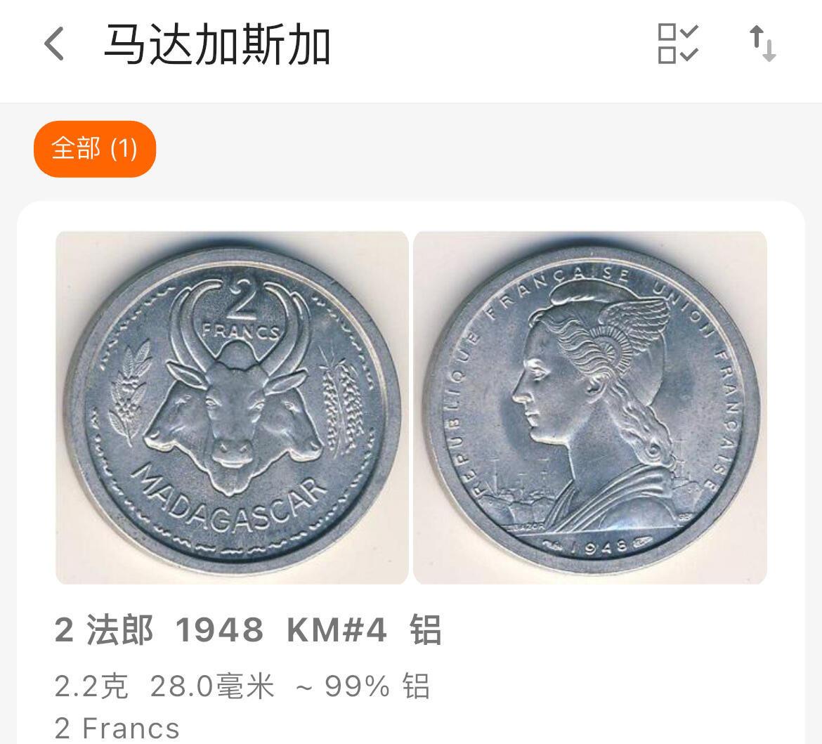 回流1208 全新法属马达加斯加1948年2法郎 玛丽安娜/牛头