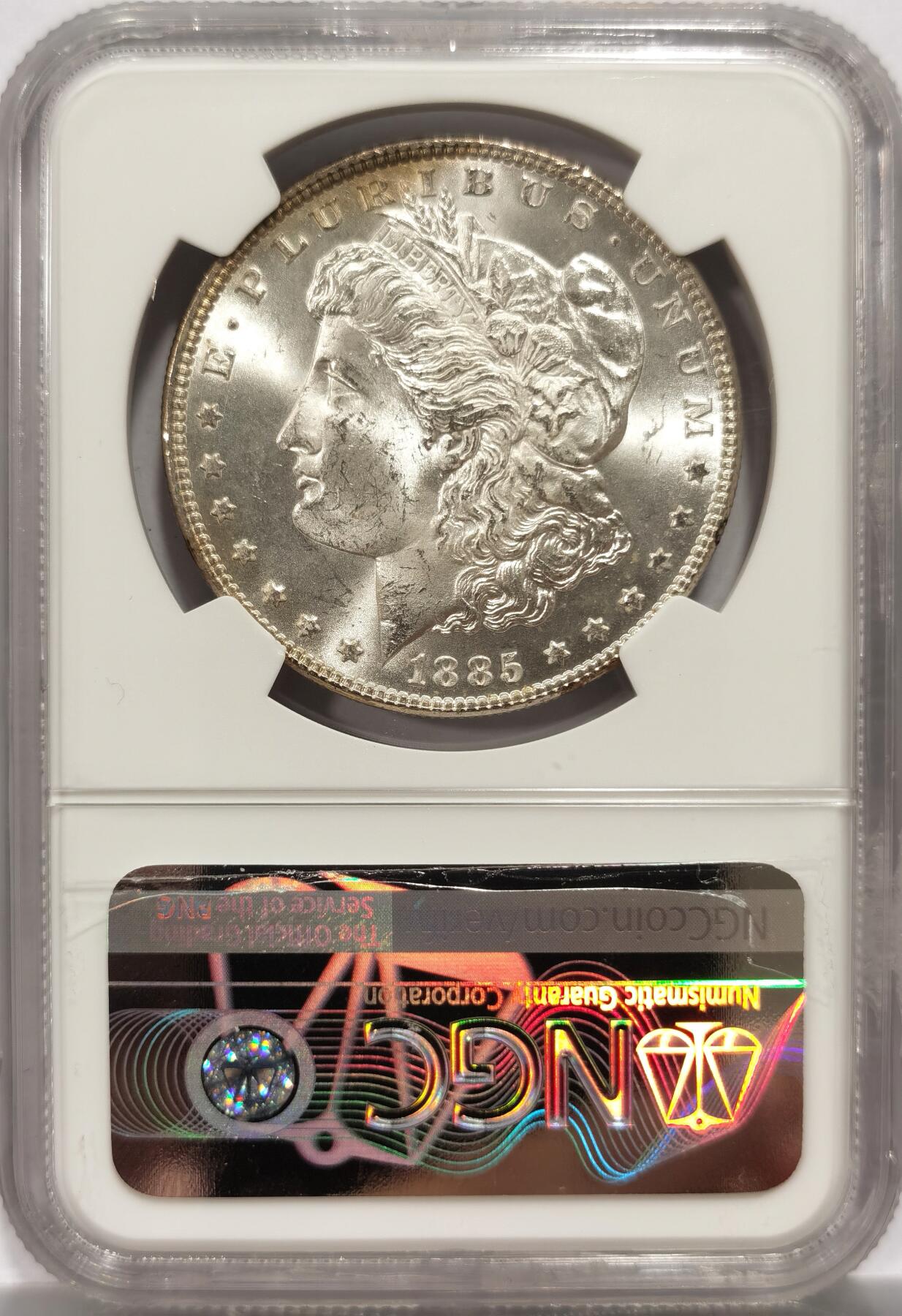 博洋堂世界钱币拍卖第150期（全场包邮） NGC MS64★ 美国1885年摩根大银币，VAM-1A1 Pitted Reverse Hot-50，少见版别，鹰面极致五彩，获得罕见加★