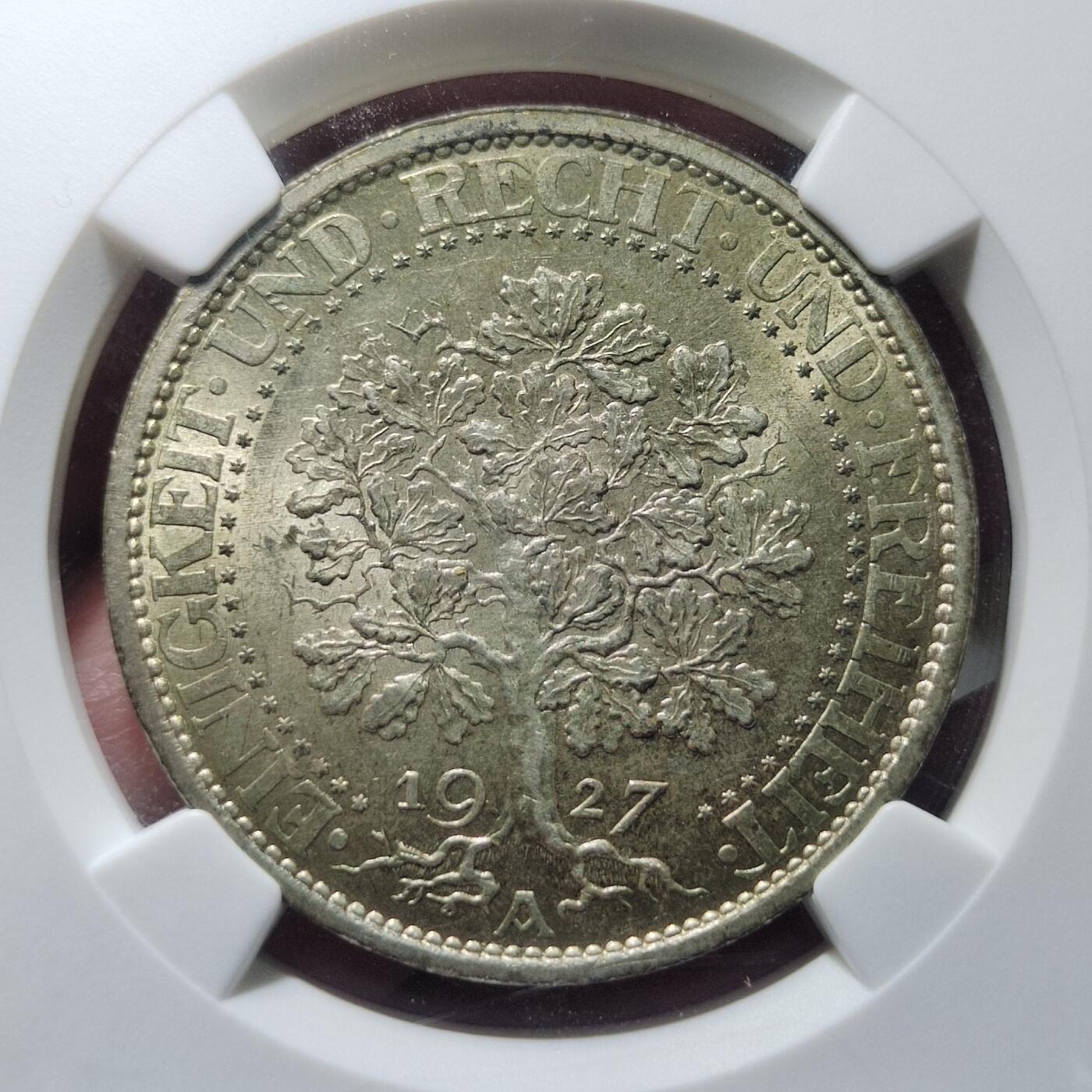 中外钱币第六场 NGC-MS64魏玛德国1927年橡树5马克