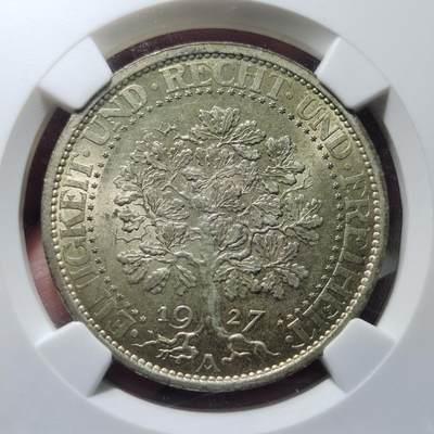 中外钱币第六场 - NGC-MS64魏玛德国1927年橡树5马克