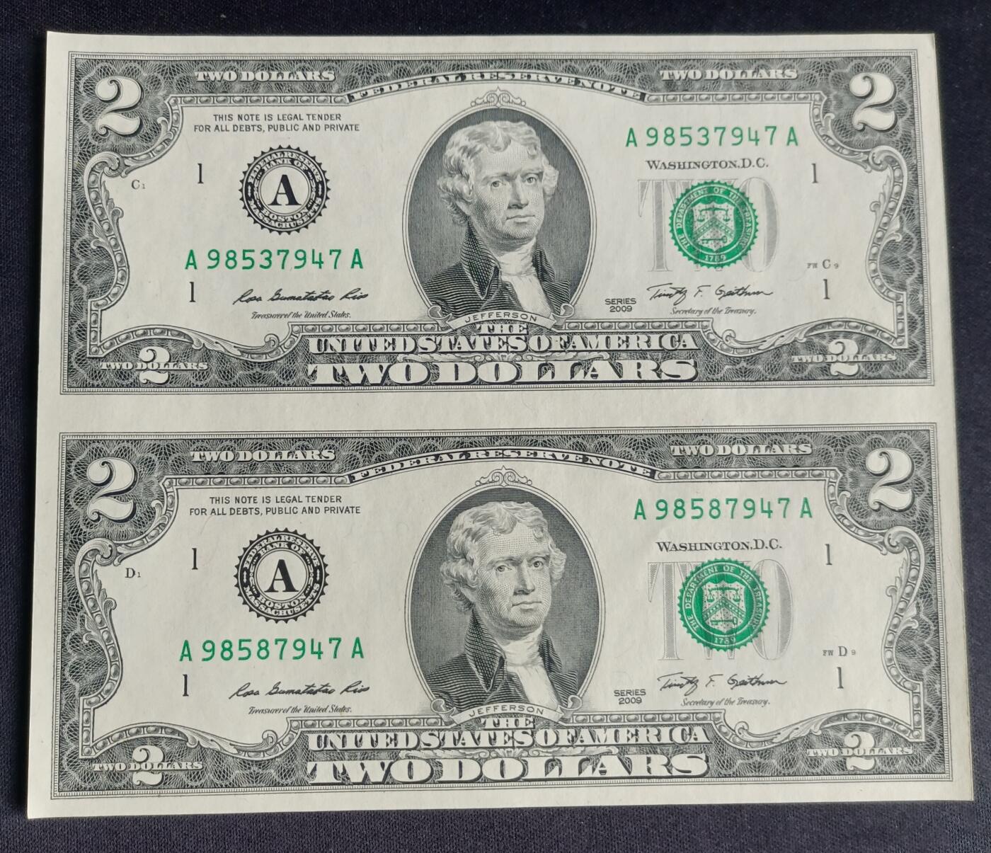 【游宝拍卖】乙巳蛇年92期 第四季首拍场  美国-2美元连体钞【二连体 SERIES-2009 全新UNC】