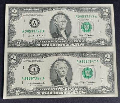 【游宝拍卖】乙巳蛇年92期 第四季首拍场  - 美国-2美元连体钞【二连体 SERIES-2009 全新UNC】