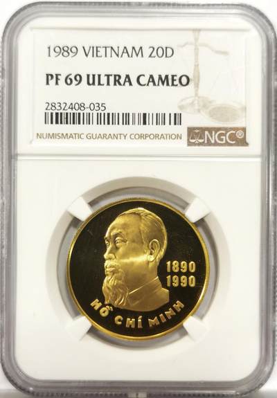博洋堂世界钱币拍卖第150期（全场包邮） NGC PF69UC 亚军分！1989年越南胡志明20Dong黄铜精制币 ，厚实精美， 仅一枚更高70分去年以1560美金成交，胡志明诞辰百年之际由圣彼得堡造币厂代铸，越南现代币名誉品