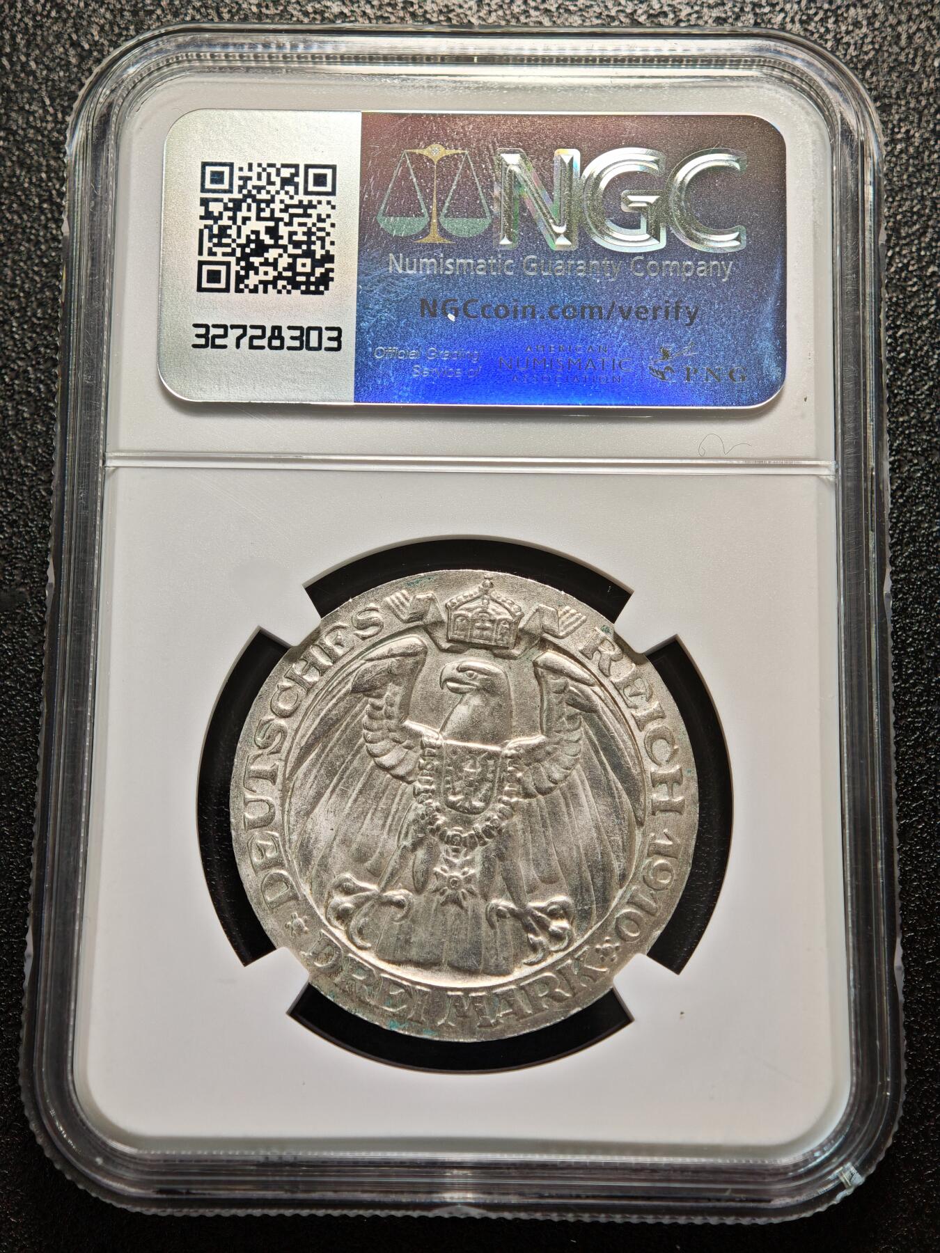 【德藏】世界币章拍卖第156期（拍品征集中~欢迎藏友联系） 1910年 德国柏林大学3马克银币 NGC MS63 原光极强