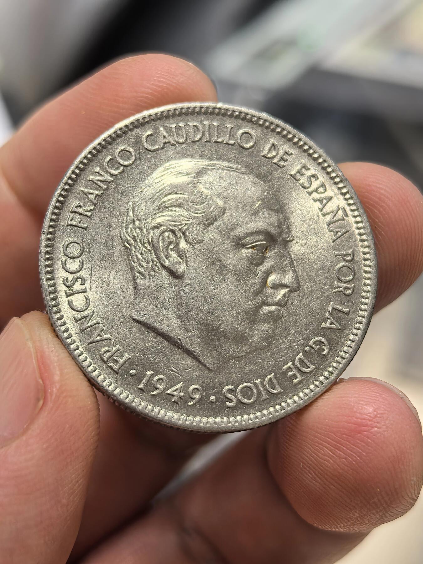 博洋堂世界钱币拍卖第150期（全场包邮） 西班牙1949年弗朗哥5比塞塔 bu品相 比较少见的品种