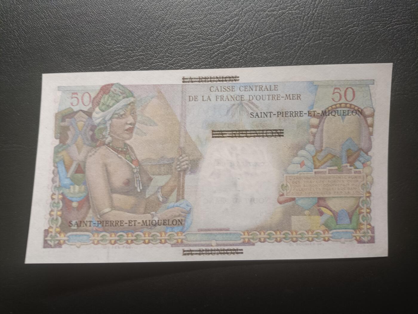 2025十二月第一期，总206期 法属皮埃尔和密克隆1960版1新法郎无47AUNC，在留尼汪钞票上加盖而成，航海家和原住民妇女