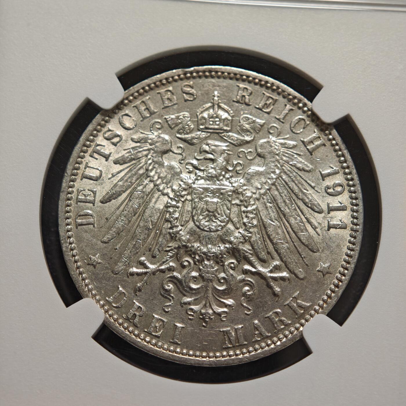 【德藏】世界币章拍卖第156期（拍品征集中~欢迎藏友联系） 1911年 德国汉堡3马克银币 NGC AU 状态安逸