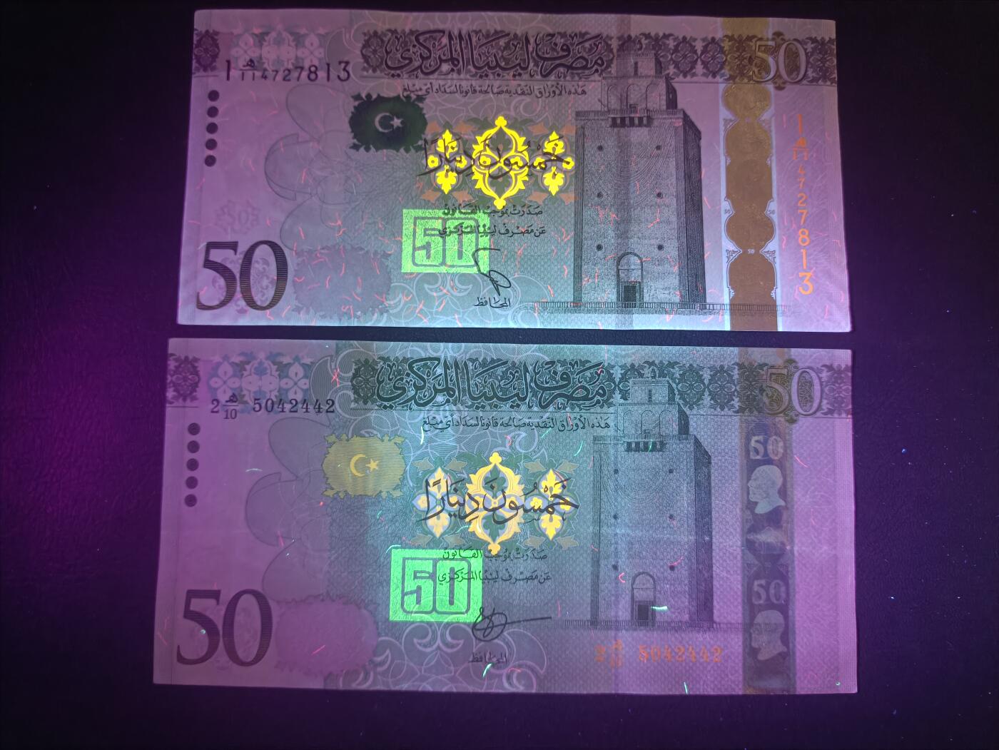 2025十二月第一期，总206期 利比亚2013/2017版50第纳尔两种流通好品XF，德纳罗版/俄罗斯版，碉楼和拱形砂岩